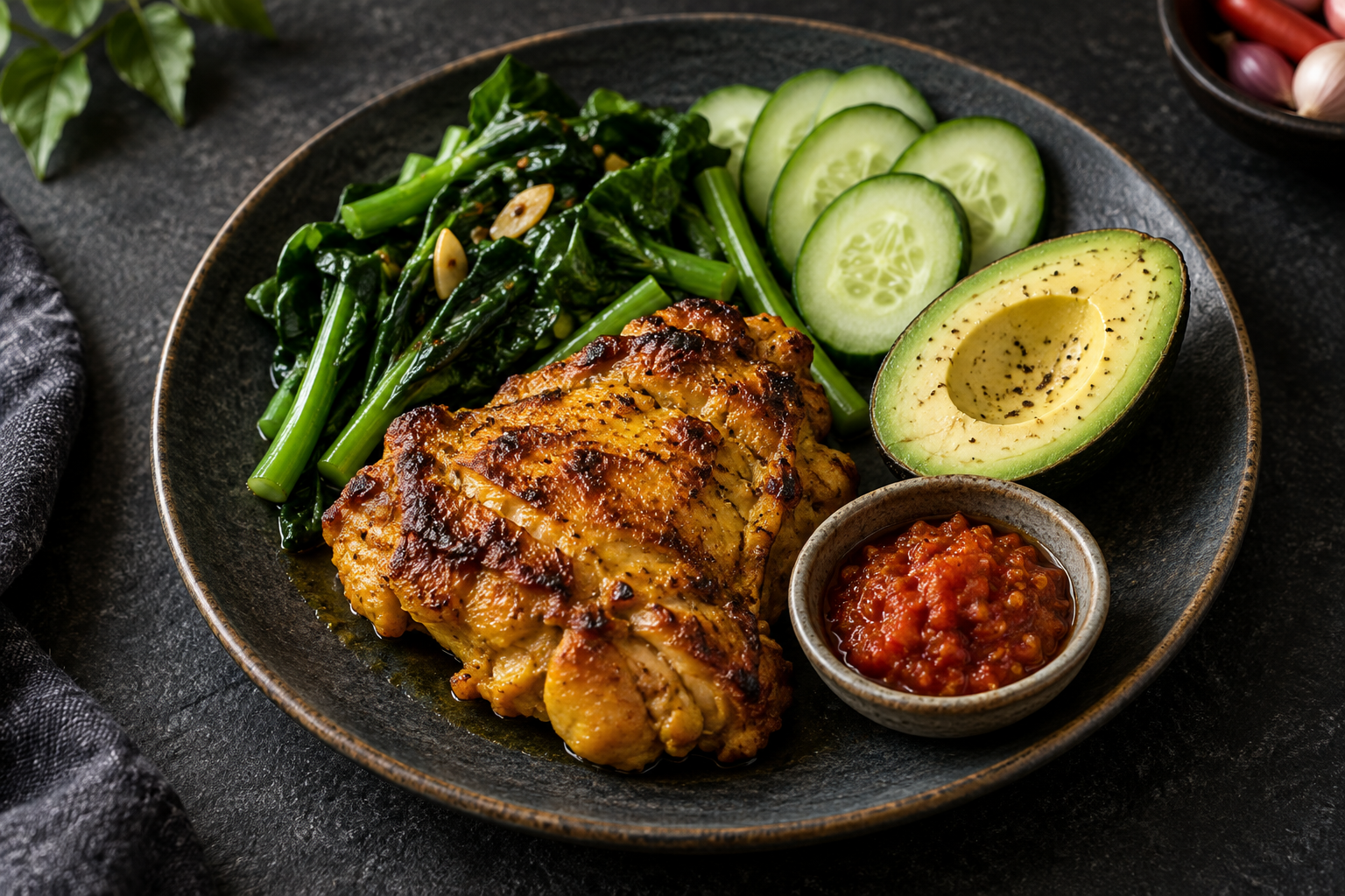 Ayam kunyit panggang bersama kailan, timun, avokado dan sambal